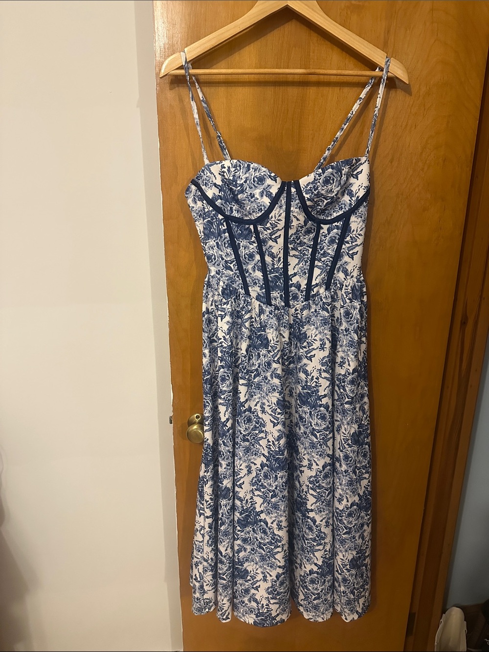 SHEIN Blue and White Floral Corset Midi Dress